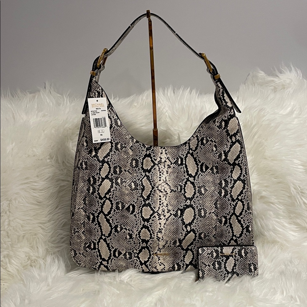 MICHAEL Michael Kors Black and Cream Snakeskin Hobo Bag